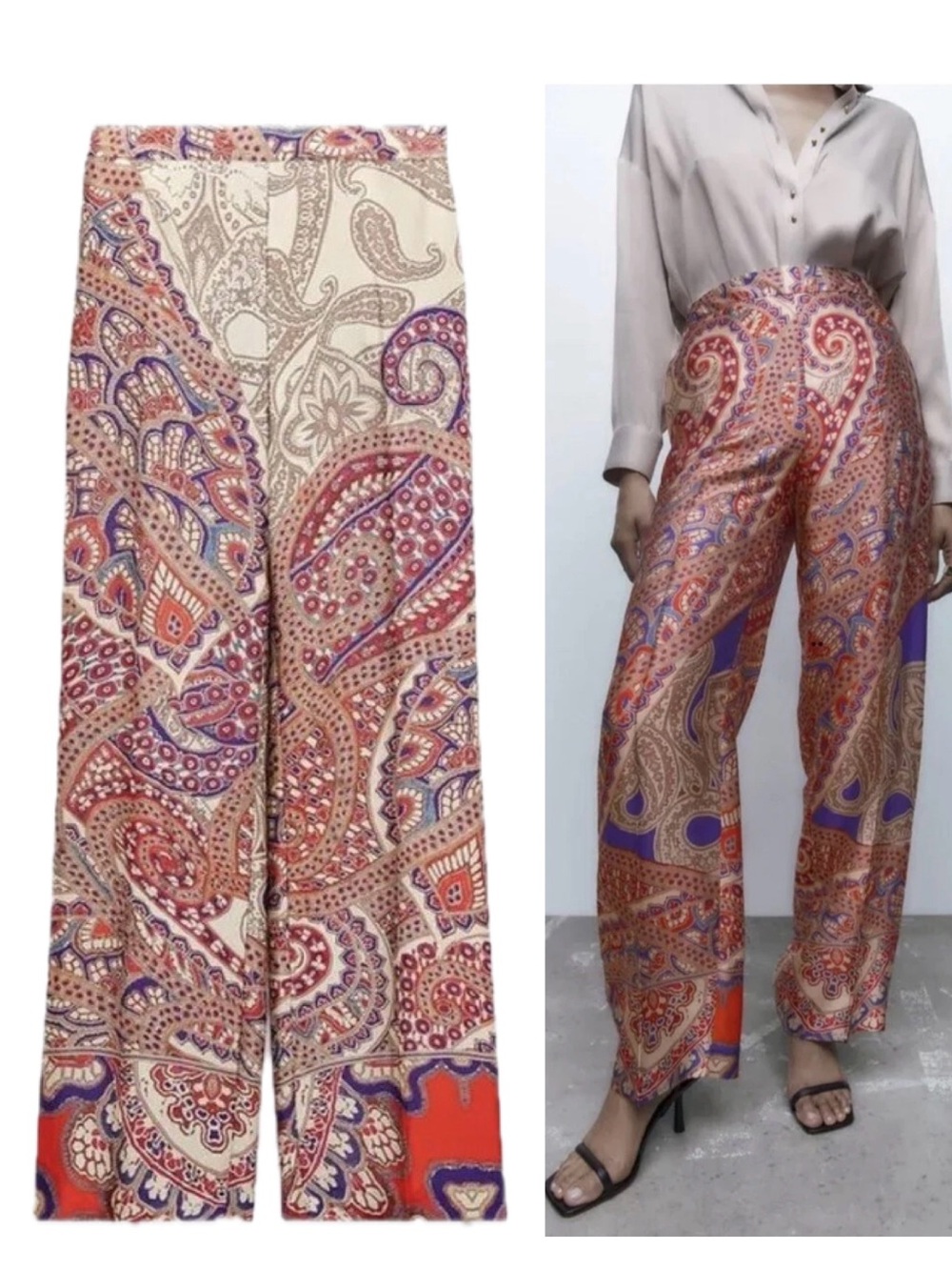 Zara Paisley Satin Wide Leg Pants XS High Rise Boho Printed Palazzo Trousers